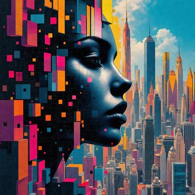 The primary subject of the image is a woman's face, which is prominently displayed in the foreground. The setting is a cityscape, with a skyline visible in the background. The visual style is a combination of digital art and illustration, creating a vibrant and colorful scene. The colors and mood of the image are lively and energetic, with a focus on the woman's face as the central point of interest.